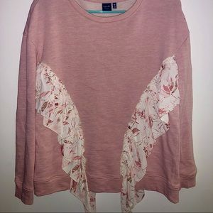 KAARI blue•Pink sweatshirt•Light, floral ruffle accents on front and back•M